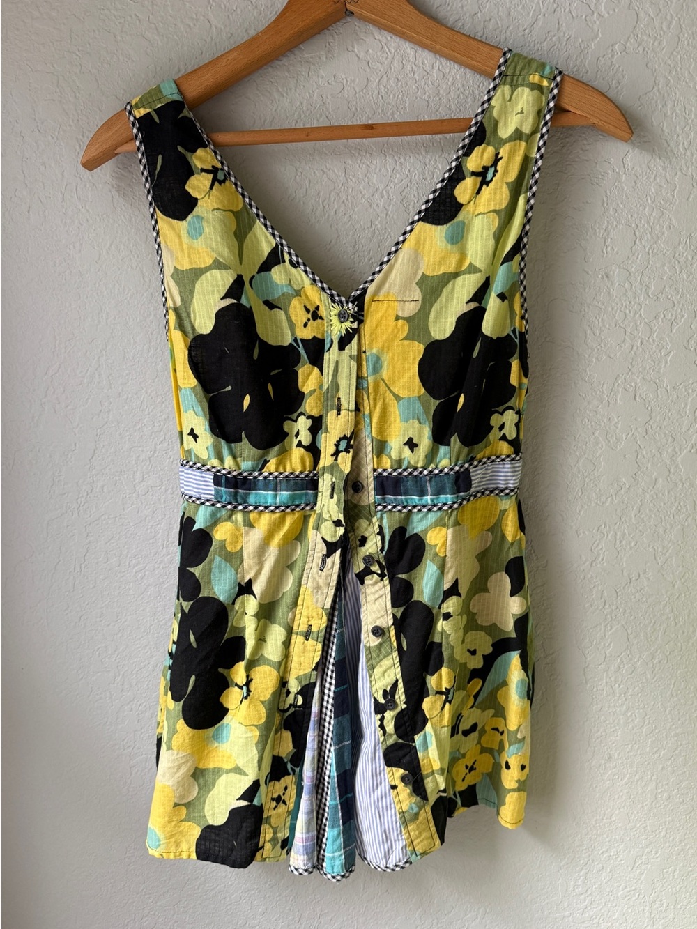 Free People Patchwork Floral Milkmaid Tank Blouse Gingham Button Back size 2 - Picture 2 of 5